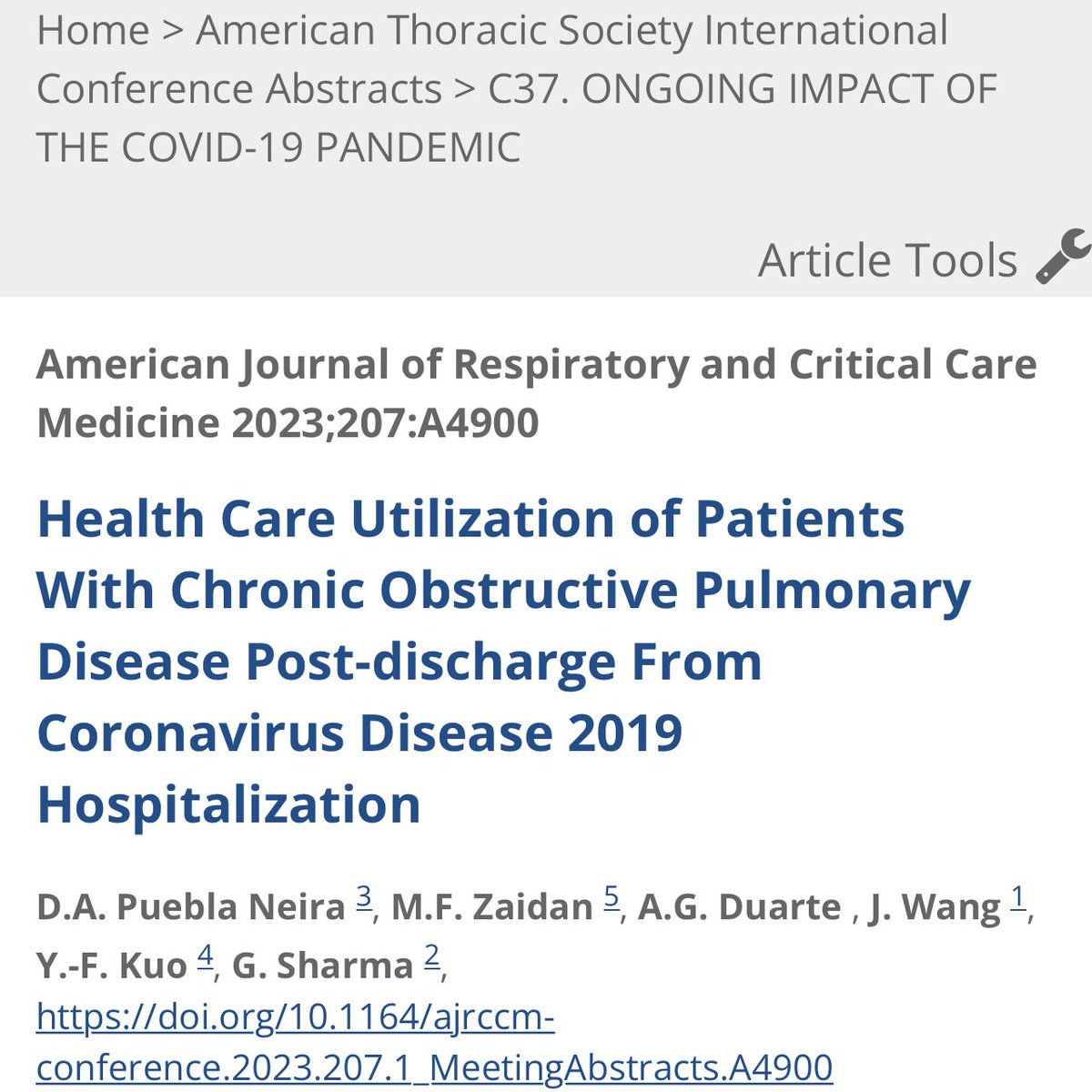 Strong work by Dr. Daniel Puebla @PueblaDan! Check out his ATS abstracts for studies on Supplemental O2, Pulmonary Rehab & Healthcare Utilization in COPD post-COVID published in AJRCCM Abstract Issue atsjournals.org/doi/abs/10.116…, atsjournals.org/doi/abs/10.116…, atsjournals.org/doi/abs/10.116…