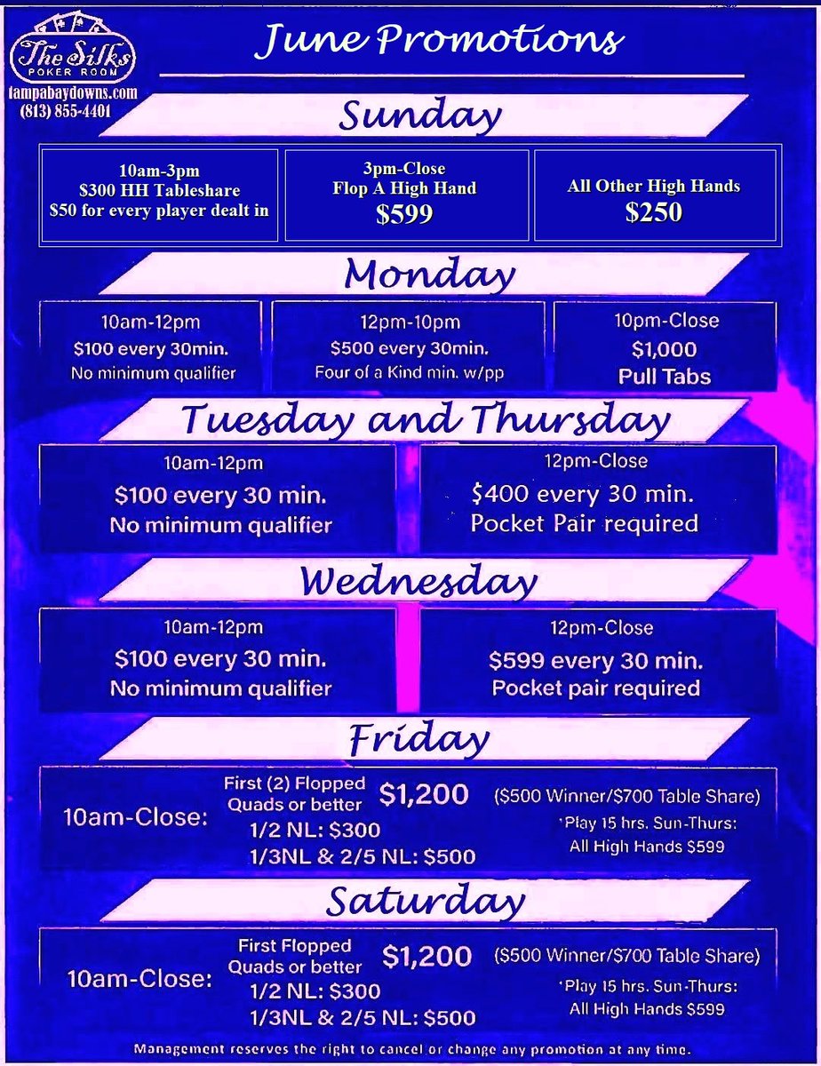 SilksPokerRoom's tweet photo. Starting tomorrow new table share Sunday promotion. $300 high hands with $50 player share from 10am-3pm https://t.co/8NcR5D9T7w