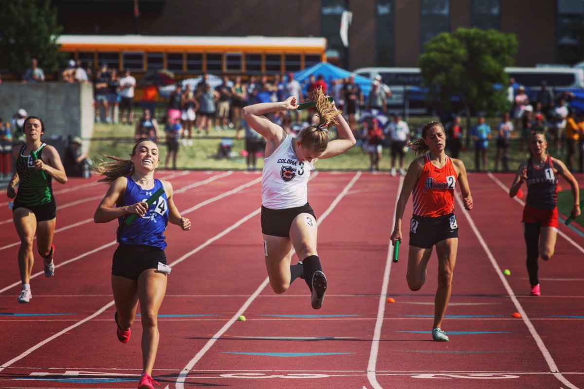 DavidPJablonski's tweet photo. That’s how you cross the finish line. Allison Hamberg, of Coldwater, celebrates a second-place finish in the 4x200 relay at the @OHSAASports Division III state championships. @ColdwaterAD https://t.co/B9X3uPjEij