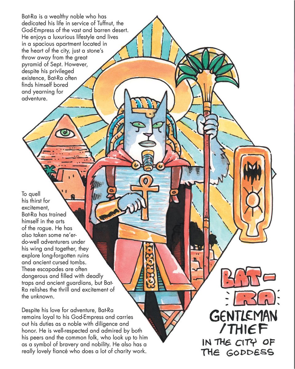 Bat-Ra is a character I played in a D&amp;D game back in 2020 when there was not much else going on. He had some good times.
loom.ly/pS2E9gM

#urfspace #book #art #comic #dnd #dndcharacter #rpg #playercharather #characterportrait #tabaxi #cat #catman #egypt #egyptian #sphinx