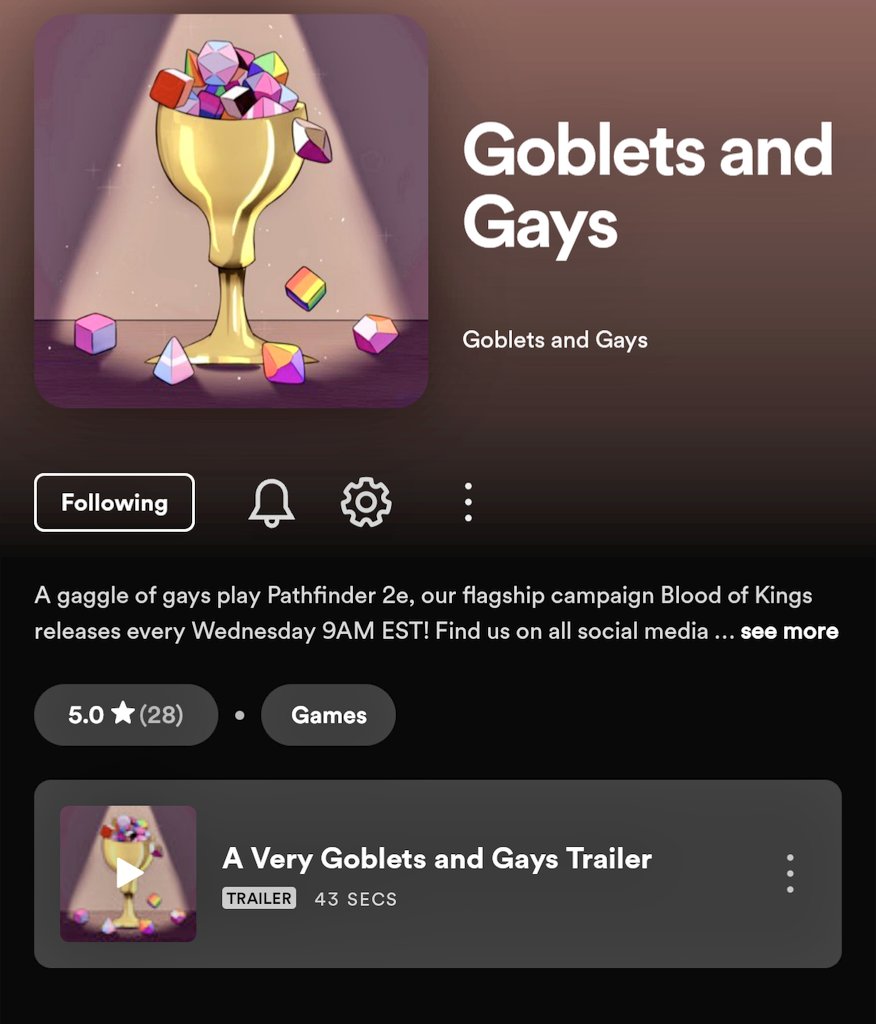 Did you know that you can now give GnG a rating on Spotify! It only takes a moment, hit that🌟and tell us how much you love us! 

Ratings help new people find our show and just give us a nice warm and fuzzy feeling. #pf2e #pathfinder2e