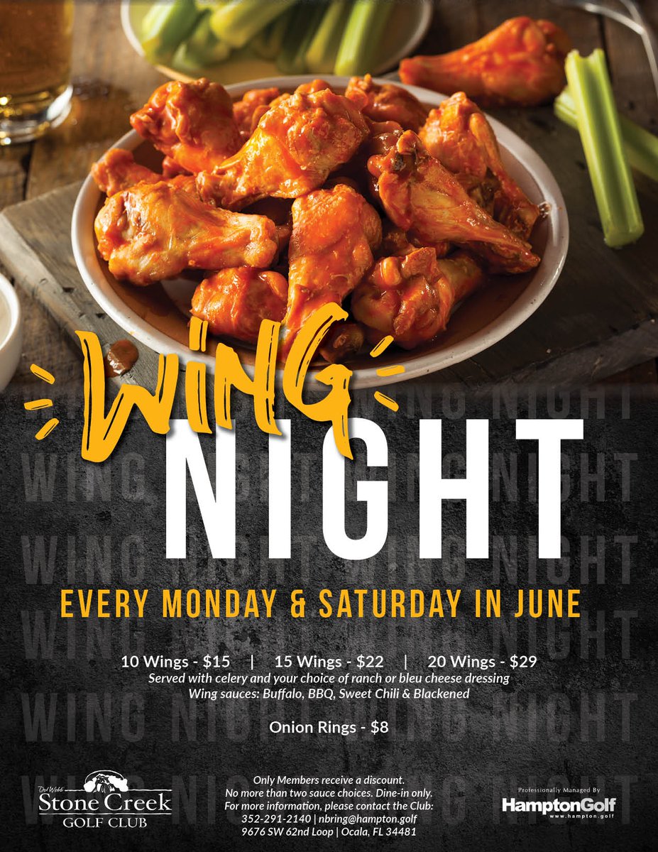 😋 Feeling hungry?! Join us for Wing Night!

𝗘𝗩𝗘𝗥𝗬 𝗠𝗢𝗡𝗗𝗔𝗬 & 𝗦𝗔𝗧𝗨𝗥𝗗𝗔𝗬 𝗜𝗡 𝗝𝗨𝗡𝗘
10 Wings - $15 | 15 Wings - $22 | $20 Wings - $29
Served with celery and your choice of ranch or bleu cheese dressing
Onion Rings - $8