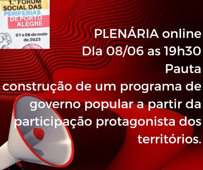 forumperifepoa's tweet photo. Atenção povo!!!

Plenária Online, dia 08/06, às 19h30... O link será divulgado na hora da reunião,nas nossas redes!!!

Vem participar!!! https://t.co/snqarInxDe