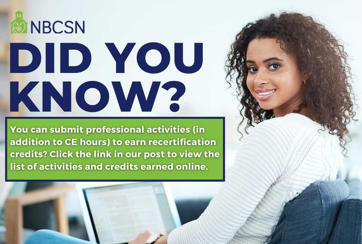 Earn credits for NCSN recertification by submitting your professional activities! 
See acceptable activities: 👉 ow.ly/vufe50OEubw

#NCSN #SchoolNurse #NBCSN #NationallyCertified  #schoolnurse #schoolnurses #schoolnurselife