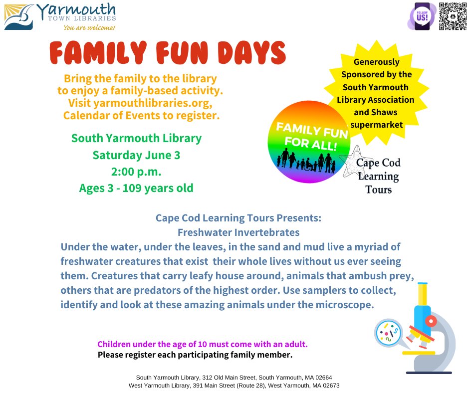 TODAY at 2 P.M. at the South Yarmouth Library! Join Captain Awesome of  Cape Cod Learning Tours  for a presentation on Freshwater Invertebrates! Bring the whole family to this fun and informational event!