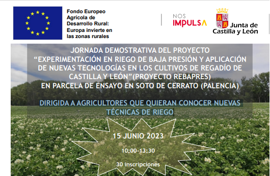 ITACYL's tweet photo. Jornadas divulgativas del proyecto "Experimentación en riego de baja presión y aplicación de nuevas tecnologías en los cultivos de regadío de CyL #REBAPRES #FEADER
📅8/6📍San Miguel del Pino(Va)✍️https://t.co/RTUnrNm5qU
📅15/6📍 Soto de Cerrato(Pa)✍https://t.co/0lelkSwVhe https://t.co/8WKlfUZVM3