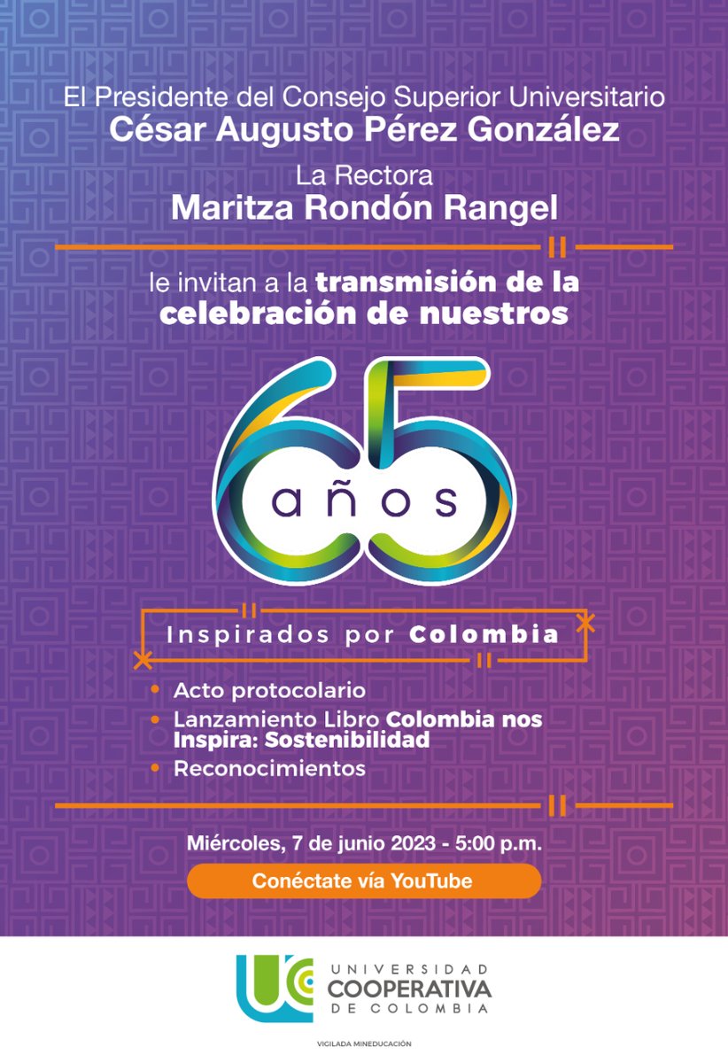 UCooperativaCol's tweet photo. ¡Celebremos juntos los 65 años de la Universidad Cooperativa de Colombia!
Te invitamos a unirte a nuestra transmisión en vivo y ser partícipes de esta fiesta.
Únete aquí: https: https://t.co/xt6FvBAdCo https://t.co/CiwCzcjvbF
