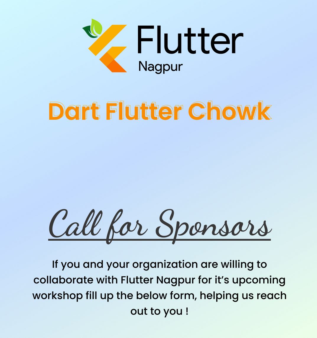 FlutterNagpur's tweet image. Hey Flutterverse! 
Flutter Nagpur is looking out for Sponsors for its upcoming workshop series.
Brief interest form: bit.ly/FlutterNagpurS…
Contact us: flutterngp@gmail.com

@FlutterRoadshow @IndiaFlutter
#flutter #flutterverse #sponsor #sponsorship #flutterindia #flutternagpur