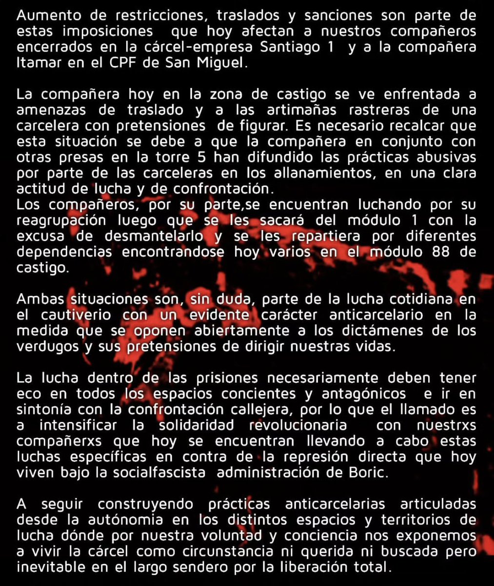 Rebelde_1312's tweet photo. PALABRAS DE #MonicaCaballero #JuanAliste #FranciscoSolar y #MarceloVillarroel FRENTE A LA REPRE POLICIAL DEL GOBIERNO DE BORIC CONTRA NUESTRXS HERMANXS EN LAS KANAS DE SAN MIGUEL Y STGO1! #LibertadALxsPresxsPoliticxs #AnarquistasYSubversivxsALaKalle #FuegoALaKana @BuscandoKalle https://t.co/IvDkxc7lqA