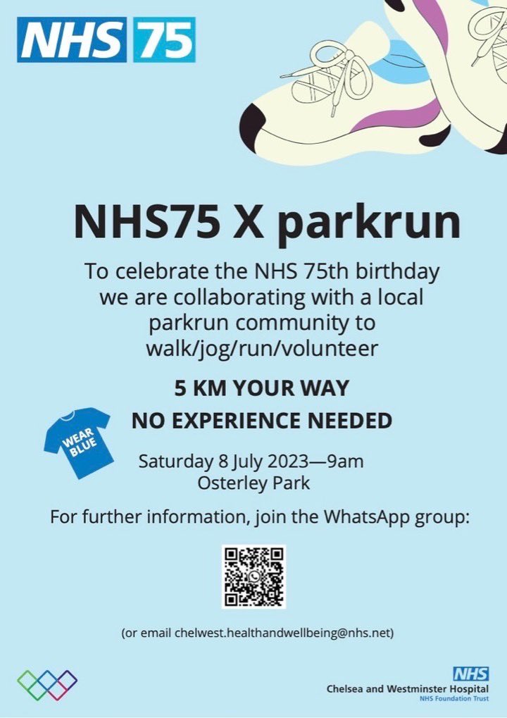 RNSarahMacD's tweet photo. Five Saturdays until #NHS75parkrun with @ChelwestFT @WestMidHospital. Plenty of ways to get involved @osterleyparkrun. Either join our WhatsApp group or DM for more details. 🏃🏻‍♀️🍰🏥 https://t.co/YikD3ZvAMY