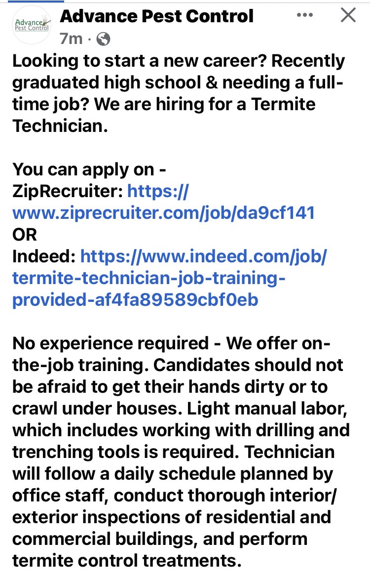Graduating and looking for full time employment? Apply here: ziprecruiter.com/c/Advance-Pest…