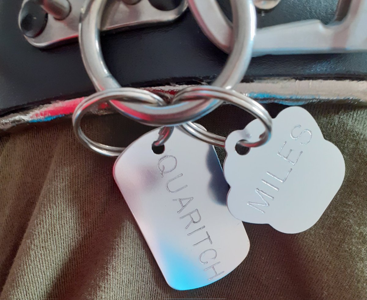 Killveous's tweet photo. AAAAA Look at the collar and leash I got from FudgeBuilds! And even the custom tags made for me 💙💙💙 matches the wrist cuffs I've been wearing in my Miles Quaritch gear and my badge 😭 this is how CFZ and RecomWeek ended lol
#milesquaritch #colonelquaritch #CFz2023 #RecomWeek https://t.co/6FOmqIW8al