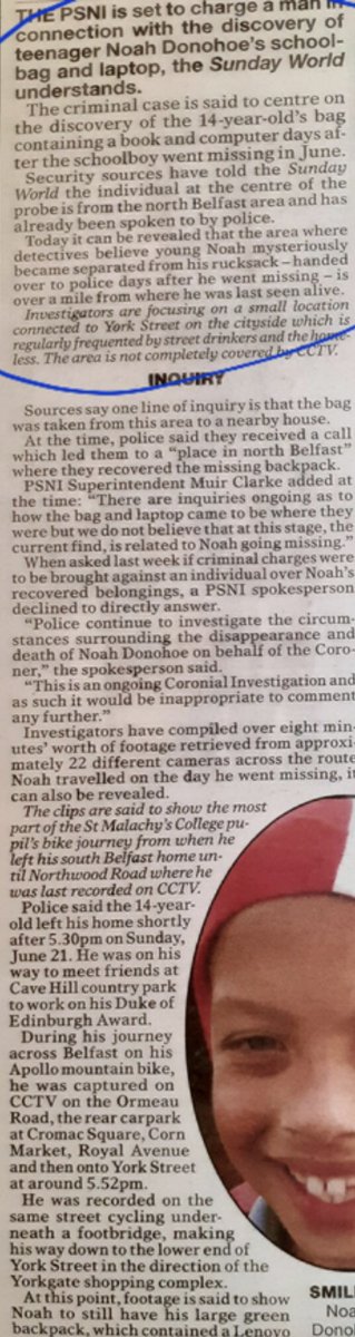 Police took their time going to where the missing backpack was ..no cctv showing Daryl Paul finding this rucksack or Noah Donohoe setting it down..the peices of cctv showing Noah cycling he definitely is without his rucksack…read what Muir Clarke says about Noah’s rucksack ….