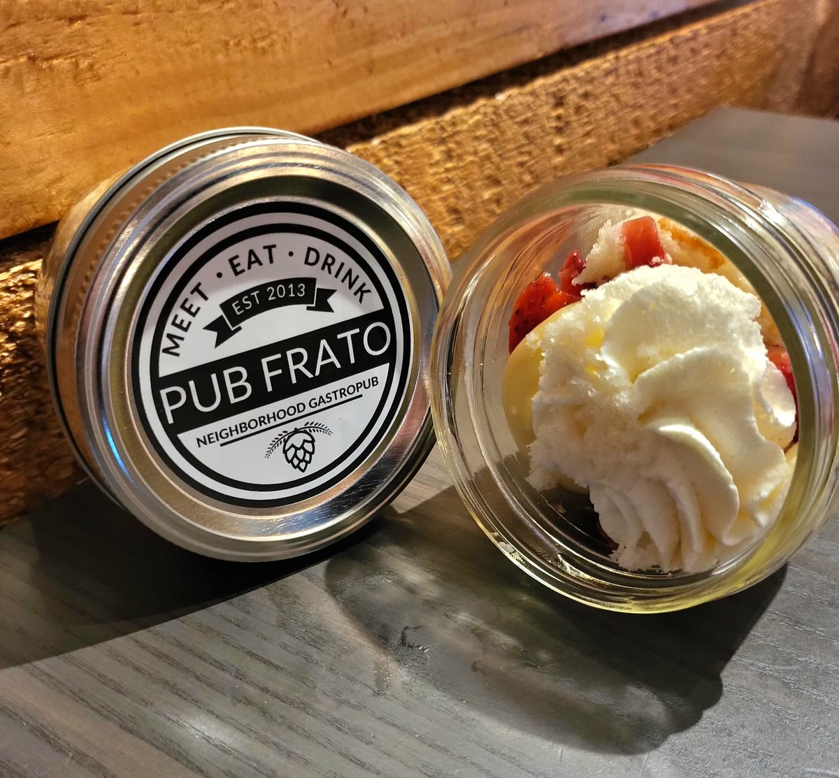 PubFrato's tweet photo. June's Jar Dessert from Kevin is Always Mixing :CASSATA!!! 🍓
White cake w/ Bavarian cream, strawberries &amp; whipped cream!
This weekend in Concord you can also enjoy Buffalo Chicken Dip &amp; our Pan Seared Walleye w/creamed corn, bacon, red pepper &amp; cilantro vinaigrette!
D'LISH! https://t.co/YhlsqbiYrK
