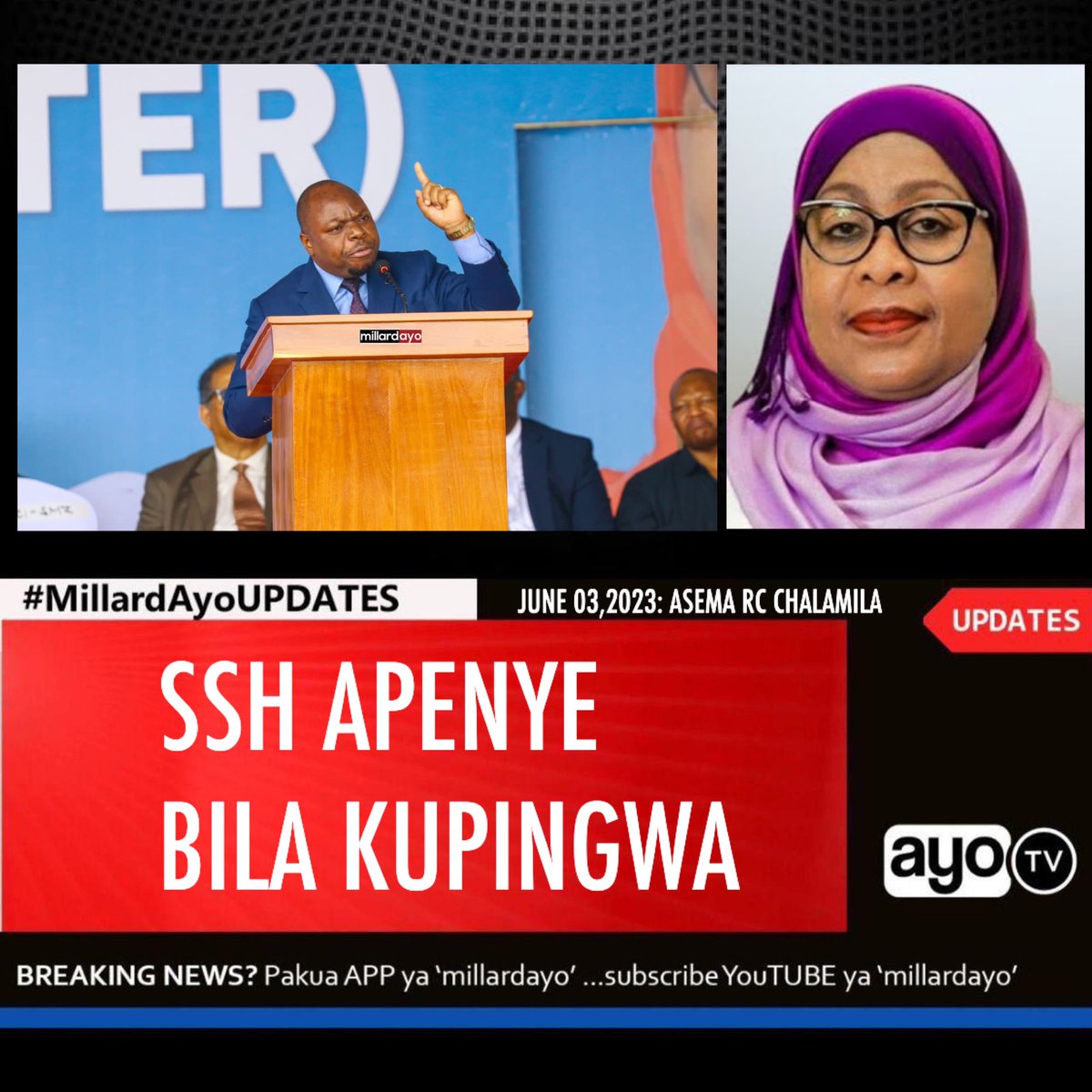millardayo's tweet photo. Mkuu wa Mkoa wa Dar es salaam Albert Chalamila amesema Wiki ijayo atakuwa na kikao na Viongozi wa Dini ambapo ajenda kubwa ya kikao hicho ni kutokomeza Adui ili Rais wa Tanzania, Dkt. Samia Suluhu Hassan apenye bila kupingwa.

RC Chalamila amesema hayo Airport Dar es salaam leo mbele ya Rais Samia wakati wa mapokezi rasmi ya ndege mpya ya kwanza ya mizigo aina ya Boeing 767 -300F.

Chalamila amenukuliwa akisema “Mh. Rais hizi ni cheche tu ndogondogo ili kuwatisha na kuwapa ukweli wenzetu ambao wameendelea kutubishia sana lakini hapa Dar es salaam kwa wiki ijayo nitakuwa na kikao na viongozi wa dini, ajenda kubwa ni tokomeza adui ili Rais Samia apenye bila kupingwa, Rais Samia Oyeee, Yanga oyeee”
#MillardAyoUPDATES