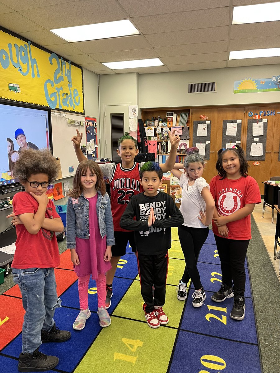 MsSlattum's tweet photo. We are still reading and have some pretty crazy hair here in Room 5.      9 1/2 days! @MadronaMustangs https://t.co/zRzYPaCft5