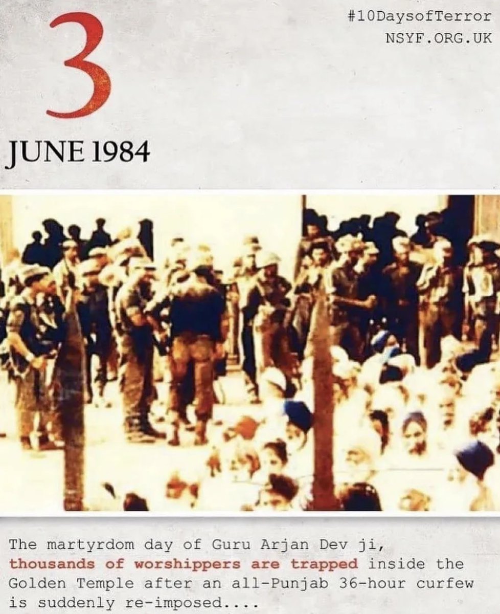TvHanji's tweet photo. 3rd June 1984

Sikh fighters remain vigilant in their elevated positions around the Parkarma. Sant Jarnail Singh Ji and the military commander of the Khalsa Fauj General Shabeg Singh lead the defence from Sri Akal Takhat. 

Panjab 36 hour curfew is re-imposed. 

#NeverForget1984 https://t.co/4cXZnHaq8h