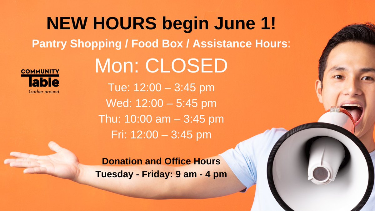 TheCoTableOrg's tweet photo. Beginning June 1, we will be closed on Mondays.

NEW Pantry Shopping / Food Box / Assistance Hours effective June 1:

Monday:  CLOSED
Tuesday:  12:00 - 3:45 pm
Wednesday:  12:00 - 5:45 pm
Thursday: 10:00 am - 3:45 pm
Friday: 12:00 - 3:45 pm

Questions? Please call 303-424-6685. https://t.co/IpKbb3ZWbH