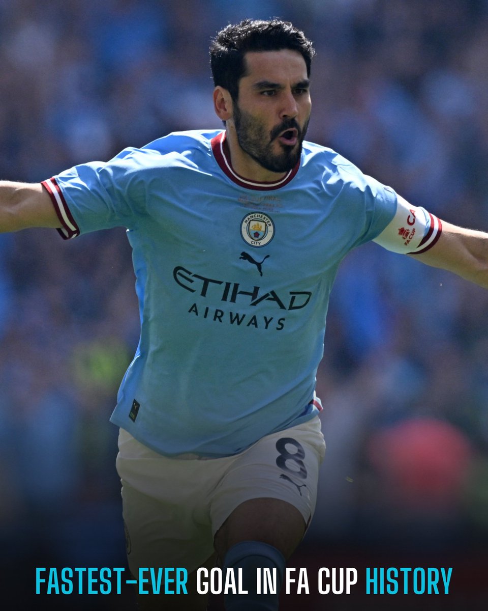 Fandangoapp's tweet photo. 13 seconds is all it took! ⏱️ 

İlkay Gündoğan's superb strike is the fastest goal in FA Cup history. 🤯

He has beaten Louis Saha’s record of 25 seconds for Everton against Chelsea in 2009. ⚡ 
-
#FACupFinal #Gundogan #ManchesterDerby https://t.co/XxS2V5WvIY