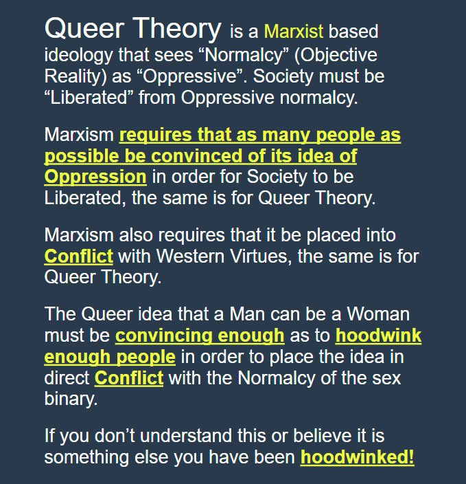 Queer Theory is really just Marxism in a new package. They declare normal people as repressive and that they are rescuing everyone from that oppression.

When in actuality the Queer Theorists become the oppressor, pushing their debauchery onto normal people. 

#pride #QueerTheory