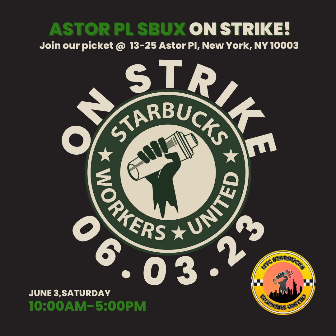 TODAY: @SBWorkersUnited workers at Astor Pl are on strike for the first time!! Workers are on a ULP strike over the employer's illegal withholding of credit card tipping from union stores.

Stop by the picket to support them ✊️
13-25 Astor Pl
10am-5pm