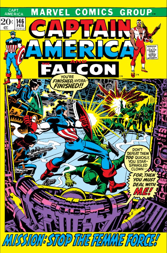 MarvelADay's tweet photo. Captain America #146, 1972. #MarvelADay #Cap146
“Mission: Destroy the Femme Force!”
Writer: Gary Friedrich
Pencils: Sal Buscema
Inker: John Verpoorten
Cover: John Romita https://t.co/40OcbSp4pF
