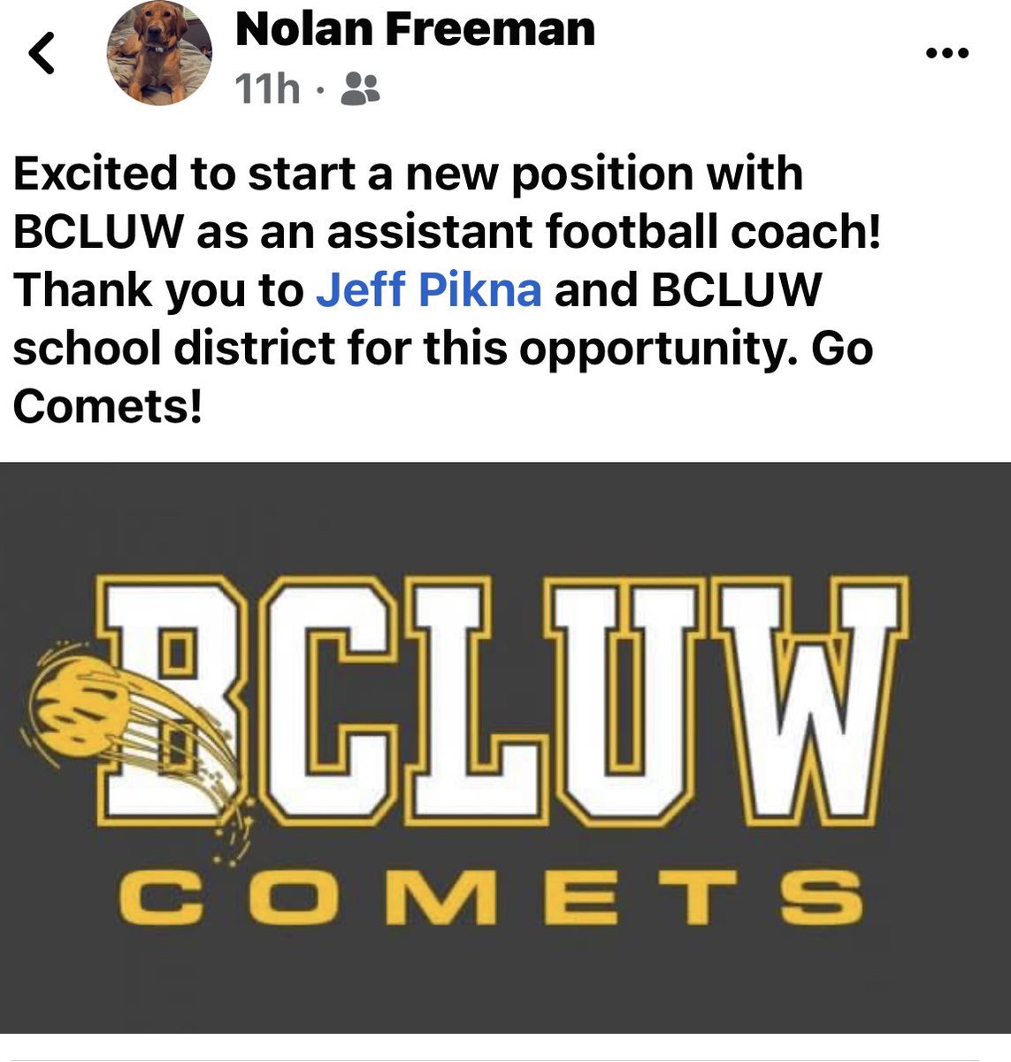 CoachPikna's tweet photo. Very excited to be able officially announce the hiring of new assistant coach @Nolan_Freeman54 can’t wait to get to work. CHANGE ☄️ 🏈 https://t.co/n0JuOYR7YL