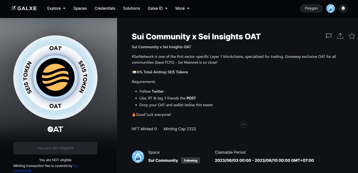 Sui Community x @sei_insight OAT

#SeiNetwork is one of the first sector-specific Layer 1 blockchains, specialized for trading - Sei Mainnet is so close!

📌Claim OAT
galxe.com/suicommunity/c…

💵6% Total Airdrop SEIS Tokens

Don't miss this great opportunity!

#Sui #Seilors #OAT