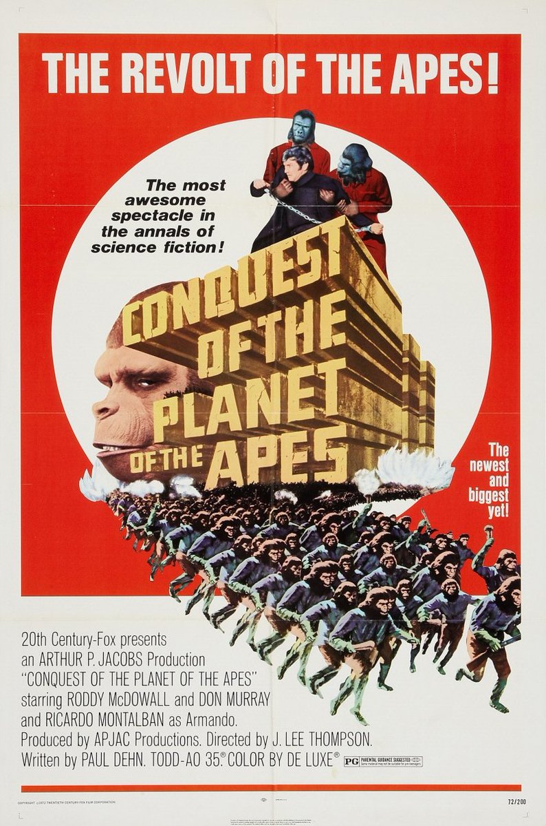 sugarflower70's tweet photo. "Conquest of the Planet of the Apes" (1972)

Best movie of the franchise for now. Caesar has a great character arc supported through subtle elements in the film. His monologue in the end is very well done and the themes explored still have importance 50 years later.

8/10 https://t.co/m7YsA5QFhV