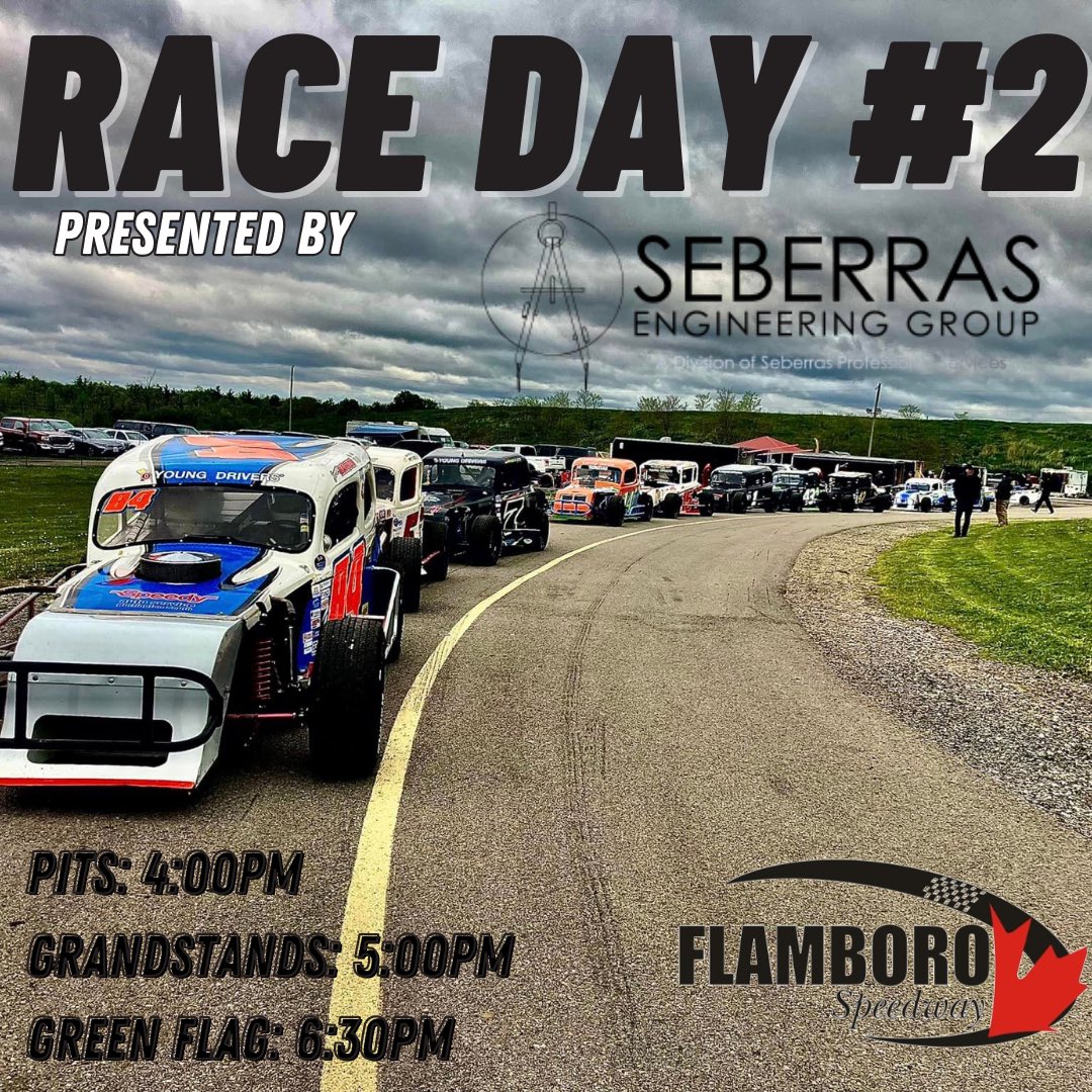 It's race day for your Young Drivers Canadian Vintage Modifieds! Tonight's action is presented by Seberras Engineering Group. 

Pits open at 4:00PM
Grandstands at 5:00PM 
Green Flag flies at 6:30PM