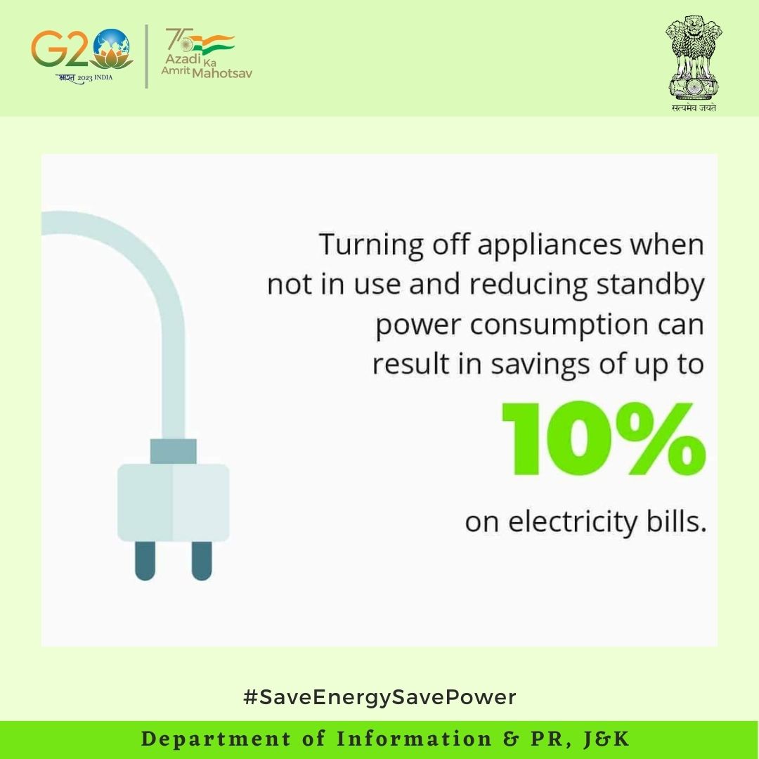 infokupwara's tweet photo. Reduce your electricity bills upto 10℅ by turning off appliances when not in use
#SaveEnergySavePower
@diprjk https://t.co/24W5Po2cZP
