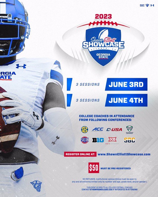 I’ll be at Georgia State tomorrow 6/4 for camp, Session 1. @CoachHolt67 @CoachSElliott @GeorgiaStateFB @RecruitTheG
@RecruitGeorgia @recruitNE_GA @NEGARecruits @hallcofootball #OurCity #SoundTheHorn #Chas1ngBest #NoOpt1ons  #TGBTG