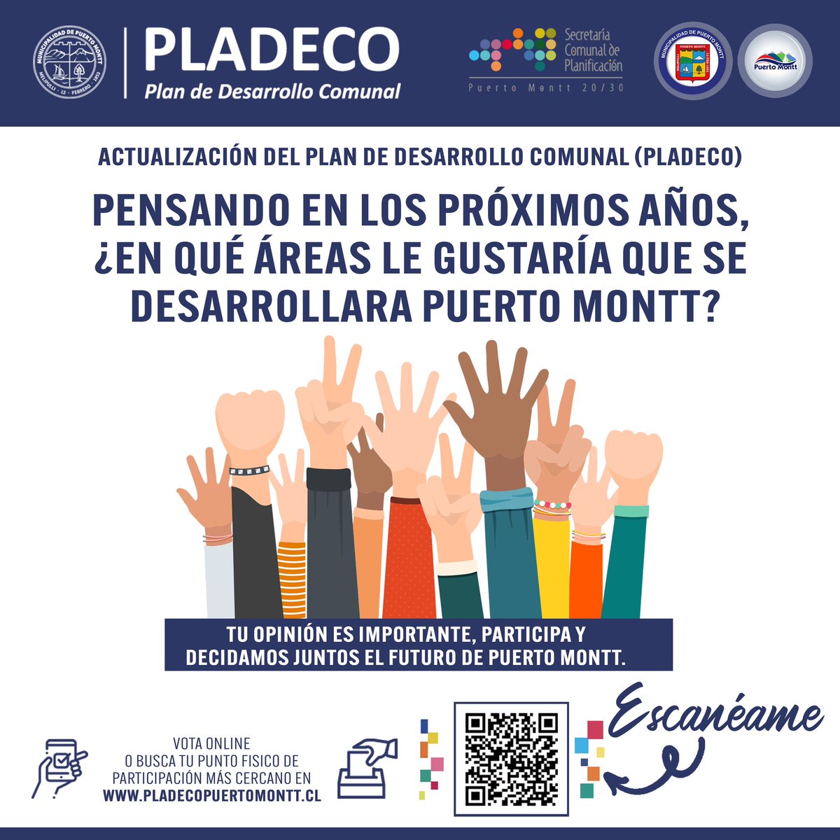 munipuertomontt's tweet photo. ✔️Participa en la consulta online del Plan de desarrollo comunal Pladeco #PuertoMontt a través de la encuesta online en código QR 👋
#Puertomontt #Pladeco https://t.co/mtwkcBGxI6