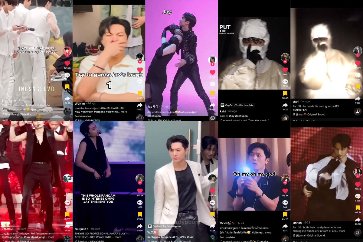 rockchicqt's tweet photo. these days, #enhypen_jay‘s tiktoks/tiktok edits of him are gaining a lot of engagements. most edits have 100k+ likes &amp; views. one edit even reached 1M likes. it’s so nice to see that people are entertained by his tiktok videos. please continue showering our jongseong with love 💗 https://t.co/rkhsvglNpb
