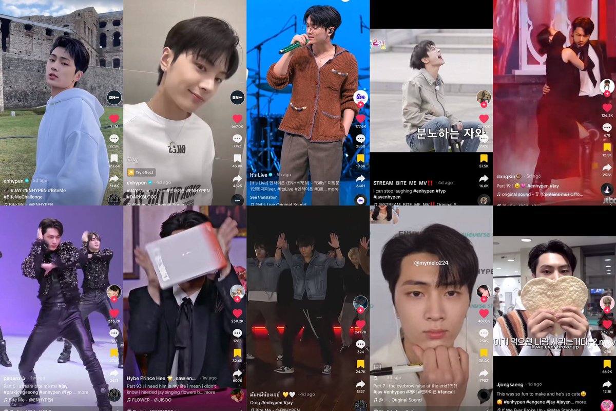 rockchicqt's tweet photo. these days, #enhypen_jay‘s tiktoks/tiktok edits of him are gaining a lot of engagements. most edits have 100k+ likes &amp; views. one edit even reached 1M likes. it’s so nice to see that people are entertained by his tiktok videos. please continue showering our jongseong with love 💗 https://t.co/rkhsvglNpb