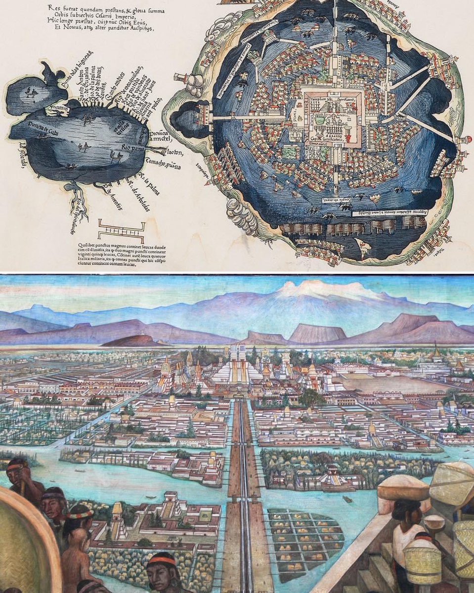 Ancestroy's tweet photo. First European map of Tenochtitlan, capital of the Aztec Empire, made in 1524, and a mural of the city made by Diego Rivera in 1945. The city, which was built on an island in what was then Lake Texcoco, left Hernán Cortes,men in awe and many of them wondered if they were dreaming https://t.co/33YXmUtrim