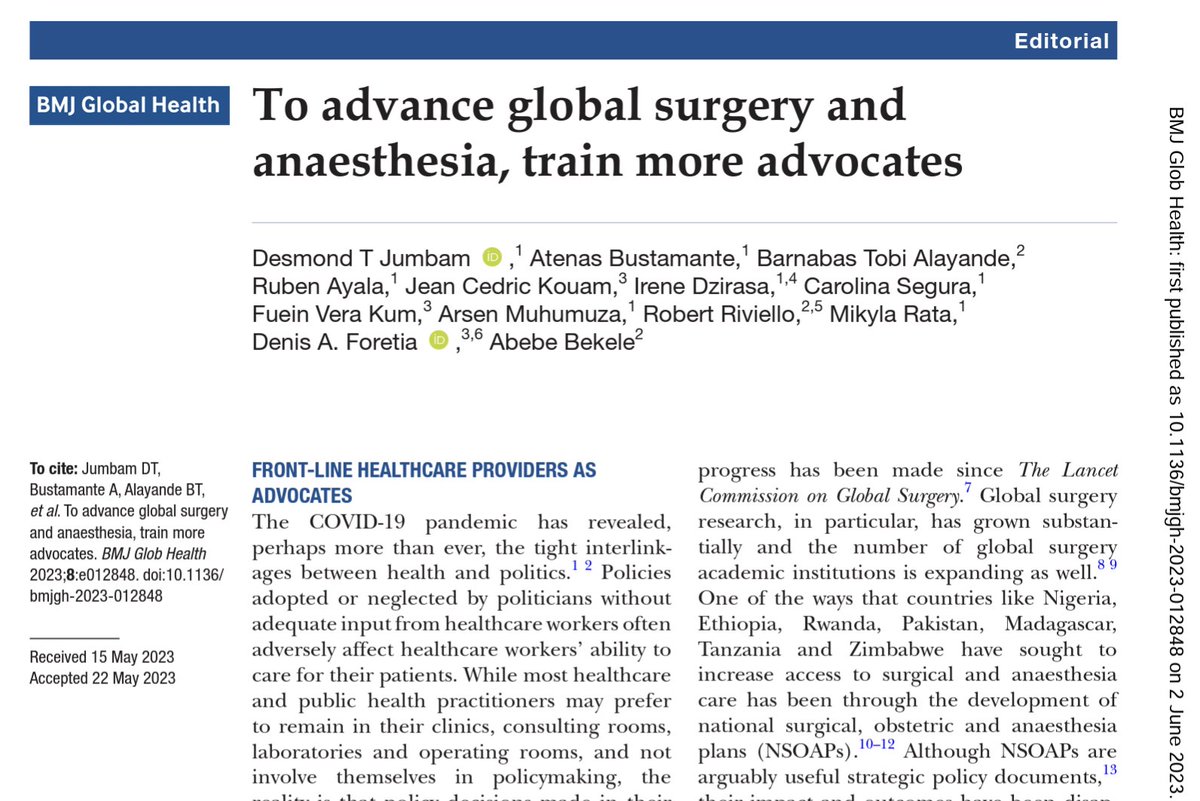 Tanko🇨🇲🇬🇭 (@desmondtanko) on Twitter photo "For sustainable impact, global surgery needs to become a topic of debate and discussion in local media... Global surgery will not truly be a ‘global’ problem unless it first becomes a ‘local’ problem"
Our latest editorial is out in <a href="/GlobalHealthBMJ/">BMJ Global Health</a>
gh.bmj.com/content/8/6/e0… "For sustainable impact, global surgery needs to become a topic of debate and discussion in local media... Global surgery will not truly be a ‘global’ problem unless it first becomes a ‘local’ problem"
Our latest editorial is out in <a href="/GlobalHealthBMJ/">BMJ Global Health</a>
gh.bmj.com/content/8/6/e0…