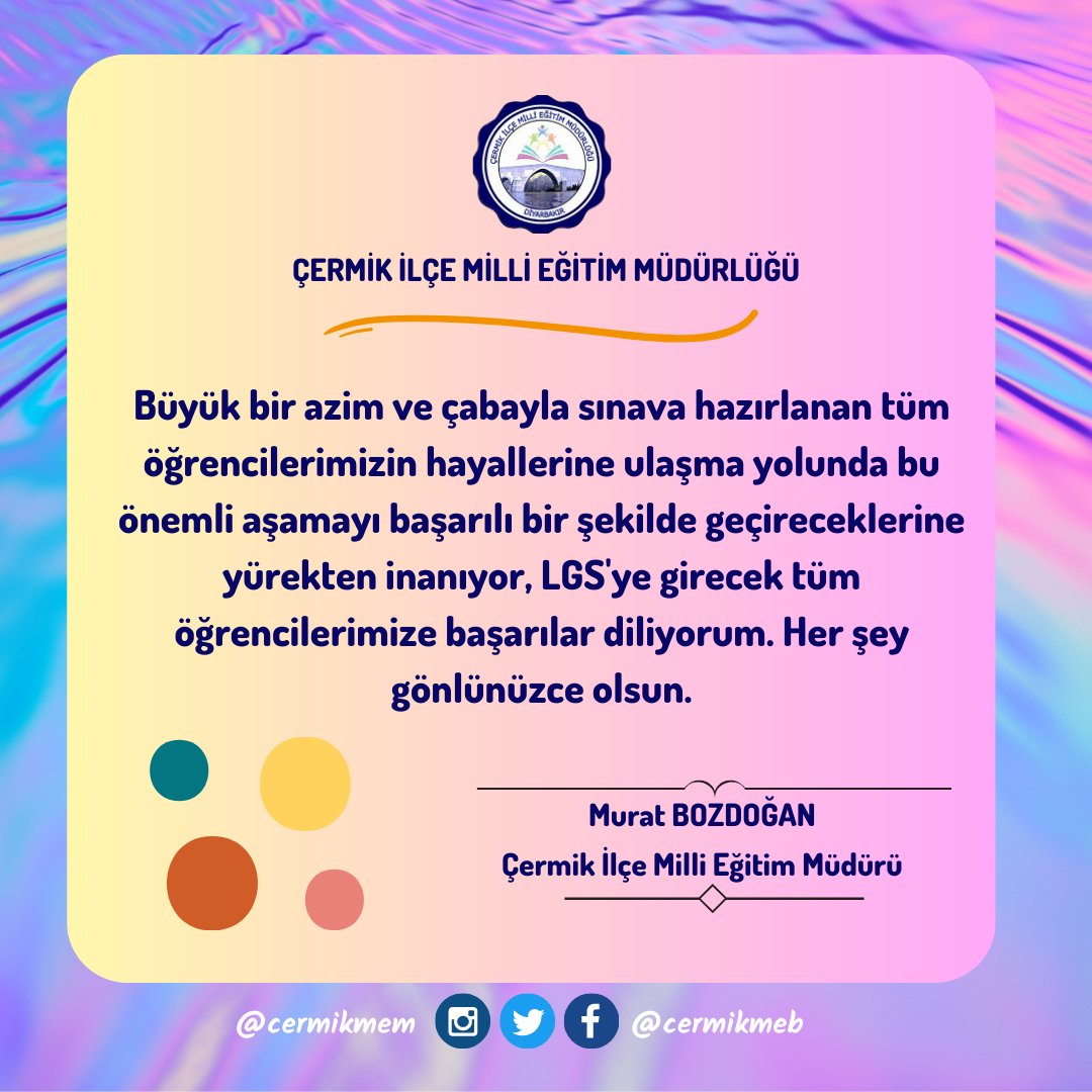 Lgs'ye girecek tüm öğrencilerimize başarılar dileriz🤗

#LGS2023
@vahityilmaz4821 
<a href="/Murat4Kucukali/">Murat Küçükali</a> 
<a href="/muratbozdogan21/">Bozdoğan Murat</a> 
<a href="/Diyarbakirmem/">Diyarbakır İl Millî Eğitim Müdürlüğü</a>