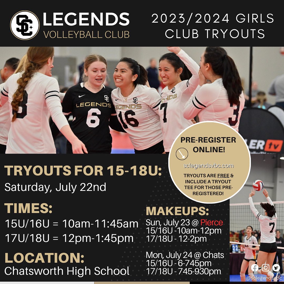 Mark your calendars 📆 for 23/24 Girls Club Tryouts! Make sure to register at our website with the link in our bio!! 🏐💻📱 #SCLegendsVBC #ClubVolleyball #Chatsworth #WoodlandHills #GirlsVolleyball #Northridge #Reseda #SimiValley #Winnetka #GranadaHills #Volleyball #Volley #Volei