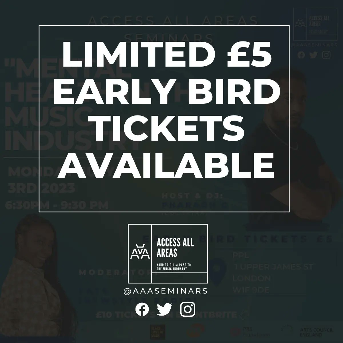 AAAseminars's tweet photo. Cop your early bird £5 tix now to the next #AccessAllAreas x @BLKLivesinMusic Mon July 3rd for #MentalHealth special from 630-930p @PPLUK
Hosted by @DJPharaohG & moderated by #FatsMoeva 4 panellists & 3 unsigned artist PAs
Tix & more info via: https://t.co/87l4TV9lEq #MusicBiz https://t.co/eiH3hjbvWT