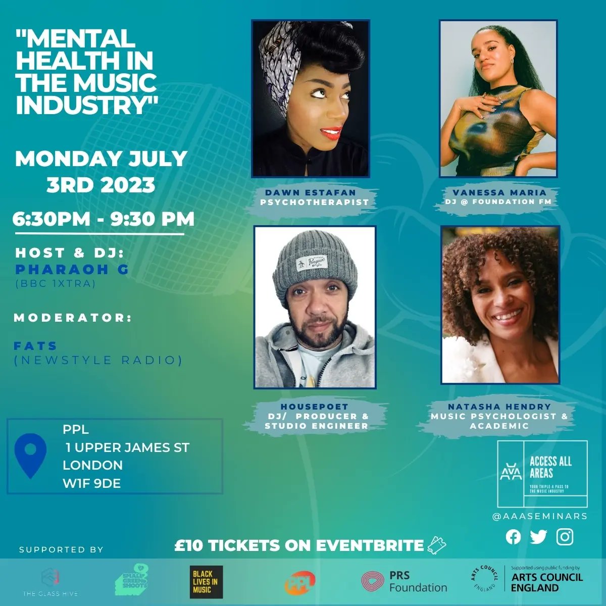 AAAseminars's tweet photo. Cop your early bird £5 tix now to the next #AccessAllAreas x @BLKLivesinMusic Mon July 3rd for #MentalHealth special from 630-930p @PPLUK
Hosted by @DJPharaohG & moderated by #FatsMoeva 4 panellists & 3 unsigned artist PAs
Tix & more info via: https://t.co/87l4TV9lEq #MusicBiz https://t.co/eiH3hjbvWT