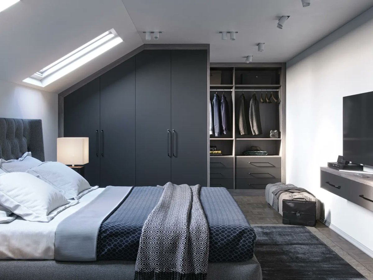 kleiderhaus's tweet photo. Upgrade your loft bedroom with a sleek fitted walk-in wardrobe! Our bespoke design, featuring walnut and lacquered dark grey doors, is perfect for sloping ceilings.  With LED lighting, double hanging rails, and ample storage, it's a dream come true.  https://t.co/I0AZq2CpL6 https://t.co/lxOJXuGUZ7
