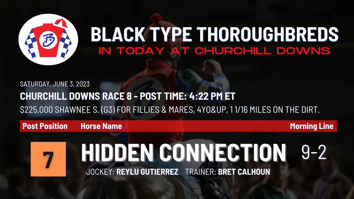 blacktypetb's tweet photo. Today’s the day…let’s go #HiddenConnection!! Watch us in the G3 Shawnee Stakes LIVE on @FOXSports 2! Post time 4:22pm ET. #BlackTypeThoroughbreds https://t.co/3K0MXET14b