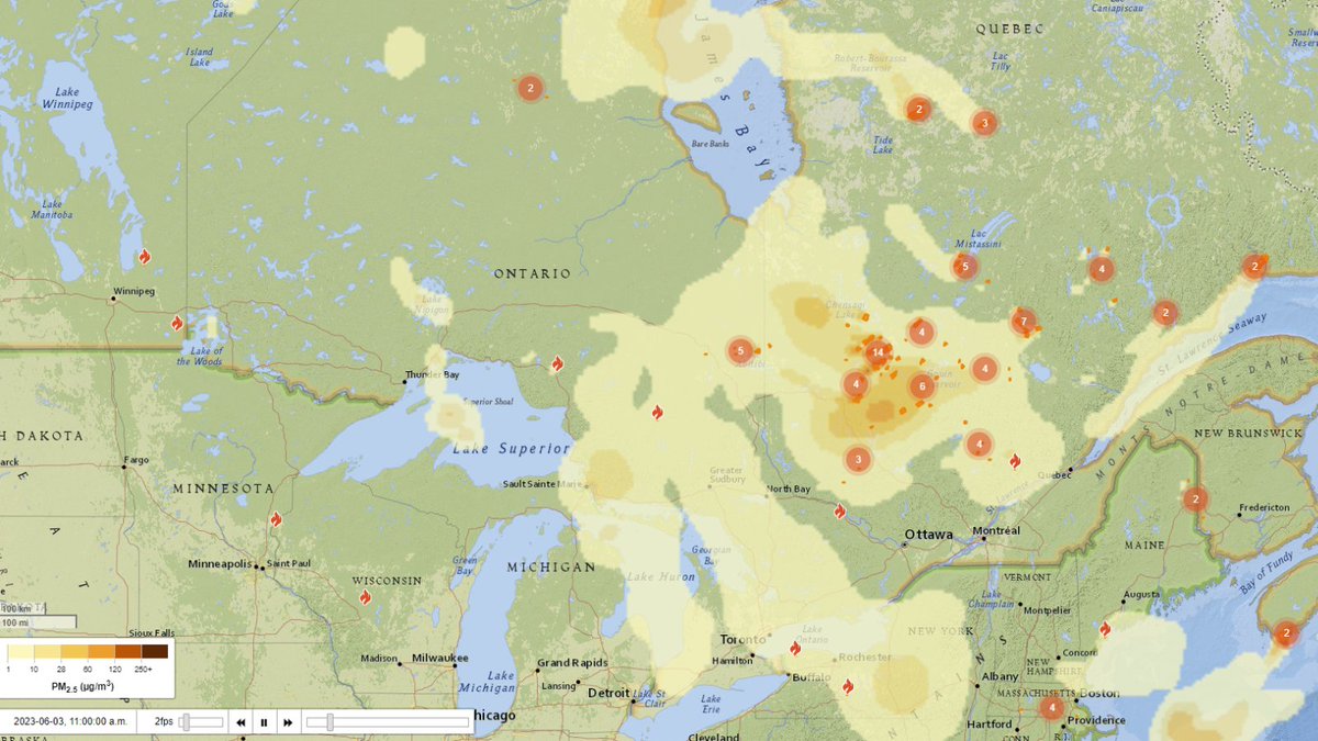 ONforestfires's tweet photo. We are seeing heavy #smoke conditions in the Northeast Region due to a large number of #fires in Ontario and Quebec. Visit https://t.co/teQkBzuIfp for smoke forecasts. https://t.co/QLbxl05xAB