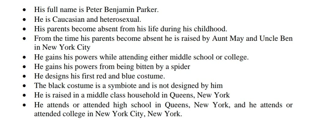 QuidVacuo's tweet photo. También prohíben de cualquier forma que sea LGBT a no ser que la propia Marvel cree a un Peter Parker LGBT.

Luego estos son los rasgos de personaje que deben respetar SI o SÍ. https://t.co/ThCcsxoEqR