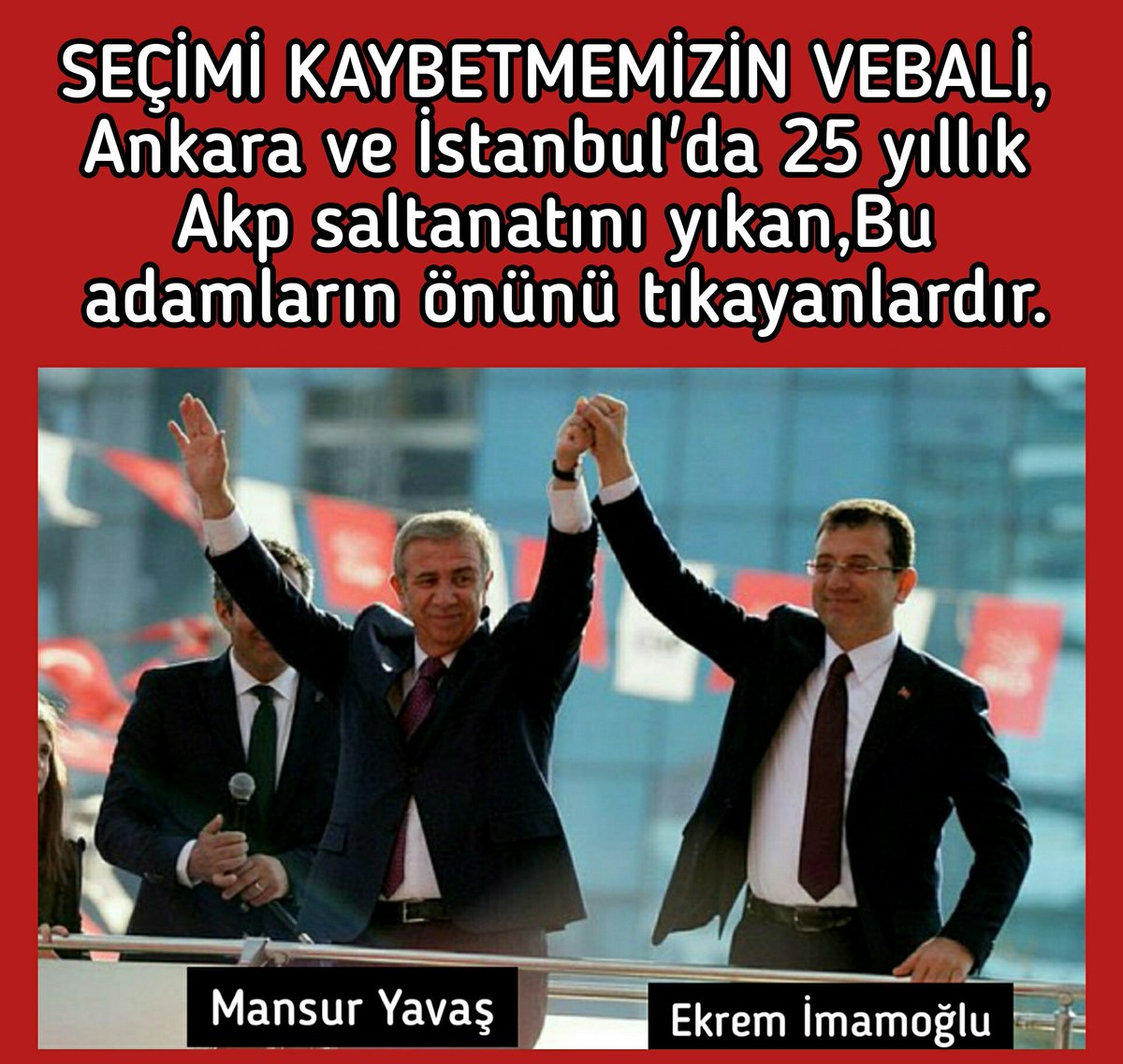 Oysa "KAZANACAK ADAY"
Ekrem İmamoğlu veya 
Mansur Yavaş
Aday olsaydı.
Cumhur ittifakından oy alınır ve 1.turda  seçim kazanılabilirdi.

TÜRK MİLLETİ VE TARİH SİZİ AFFETMEYECEK.!
