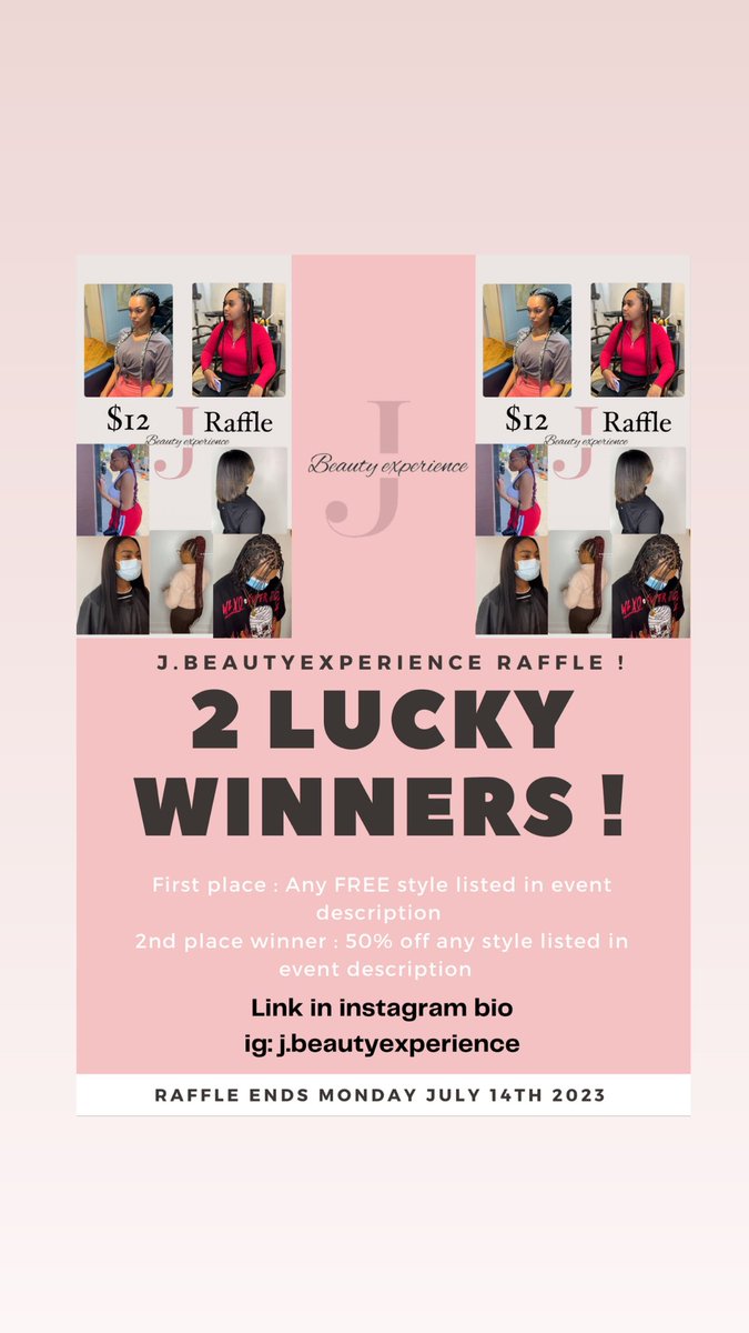 Repost ! Share ! Enter the raffle ! It’s your chance to win a FREE or 50% off on styles listed !! Good luck to those entering ! And thankkk you in advance for those who reposted !! ♥️♥️♥️♥️♥️♥️♥️♥️

myevent.com/Jbeautyexperie…