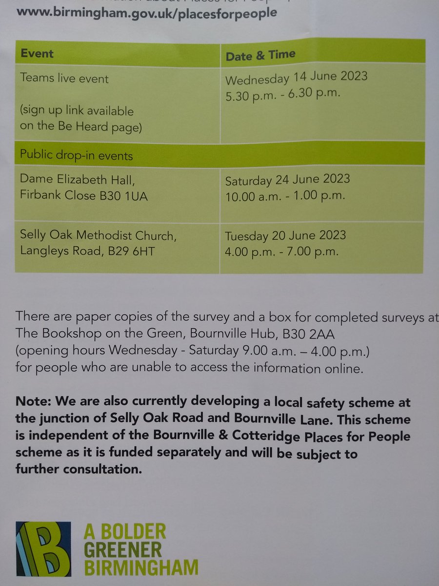 LizClements's tweet photo. Bournville and Cotteridge Places For People consultation is underway! Please feed back your views, consultation closes on 2 July 2023. #streetsforpeople #liveableBrum https://t.co/rVceJNnxsr
