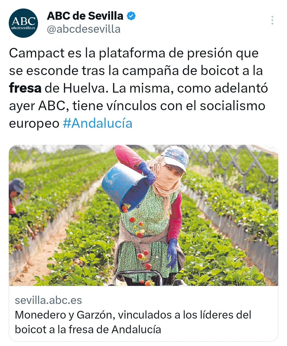 🔴 La plataforma que 'se esconde' tras la campaña contra la fresa de Huelva 'tiene vínculos con el socialismo europeo'.

En VOX ya lo advertimos, la izquierda y sus palmeros ecolojetas solo utilizan Doñana como excusa para criminalizar a los agricultores del Condado de Huelva.