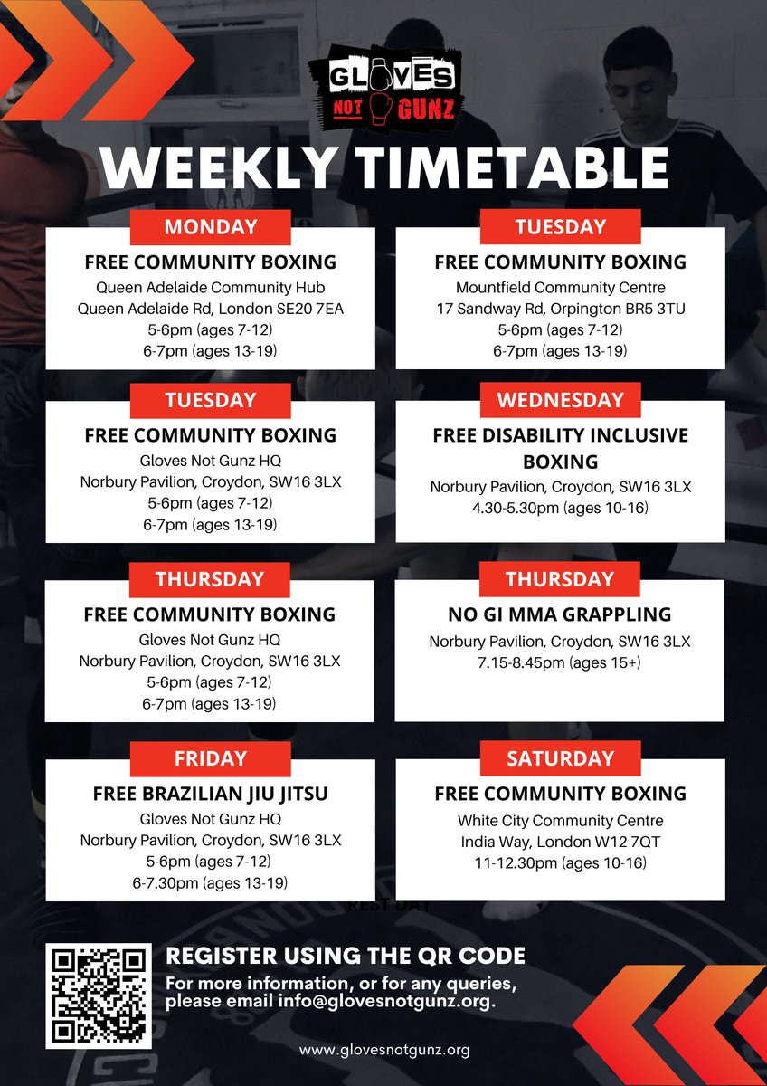 be_inspireduk's tweet photo. WEEKLY TIMETABLE 🗓️ 

Check out our weekly timetable below 👇 

Come join us for Boxing and Jiu Jitsu sessions every week 👊 Register using the QR below or visit our website here: https://t.co/acsv25UTWX

EVERYONE WELCOME! https://t.co/n6wTkmujBd